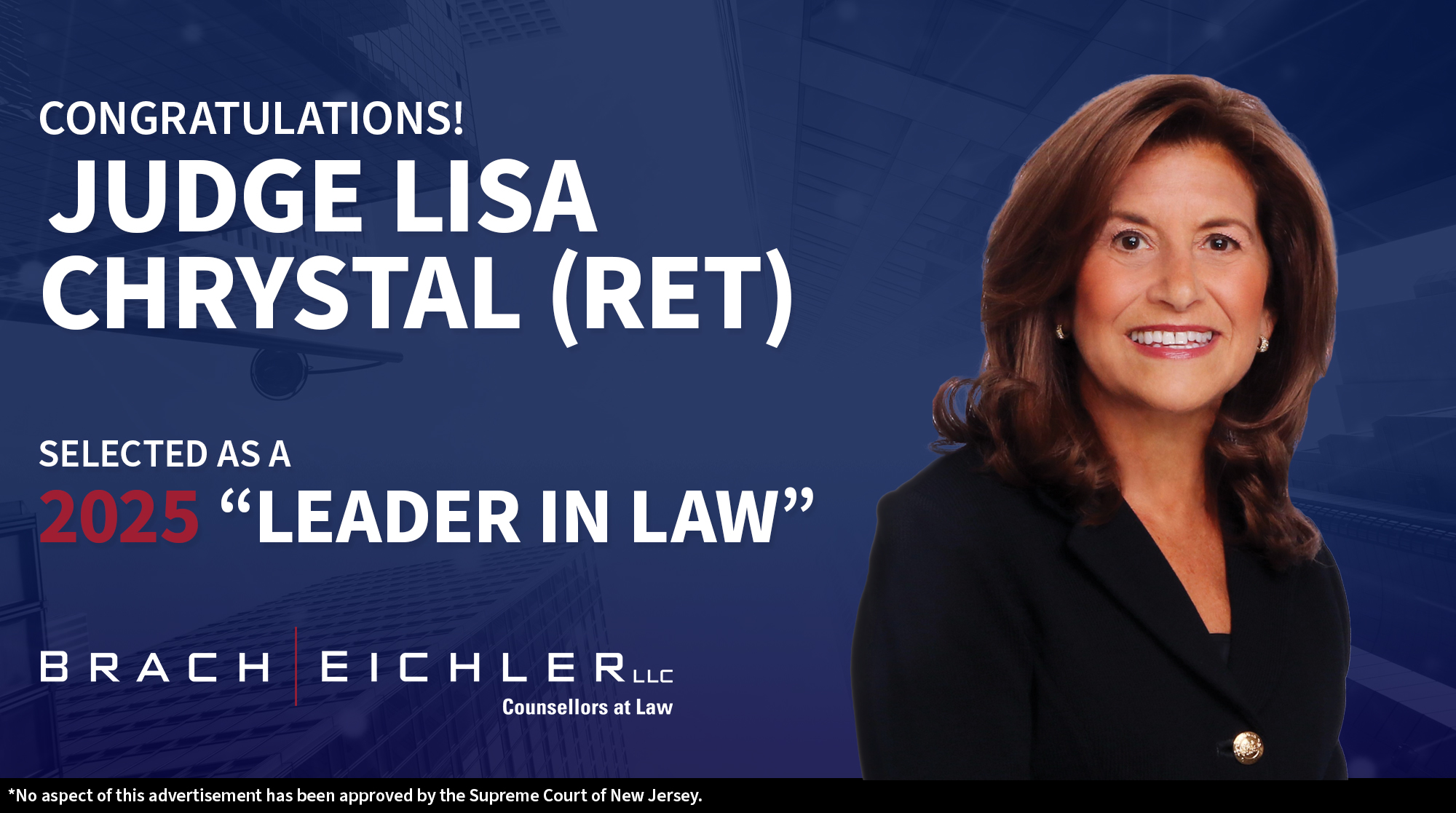 Honorable Lisa F. Chrystal Selected as a 2025 “Leader in Law” by NJBiz - Brach Eichler